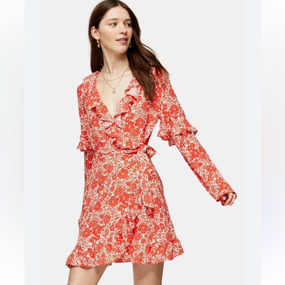 Topshop Red Floral Dress Long sleeve